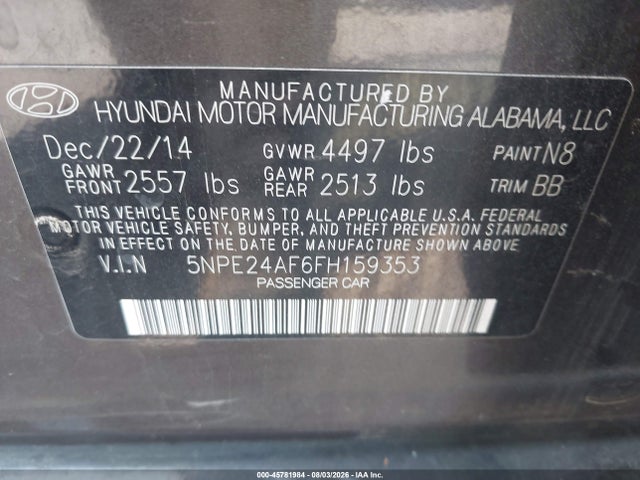 Продаж на аукціоні авто 2015 Hyundai Sonata Se, vin: 5NPE24AF6FH159353, номер лоту: 45781984