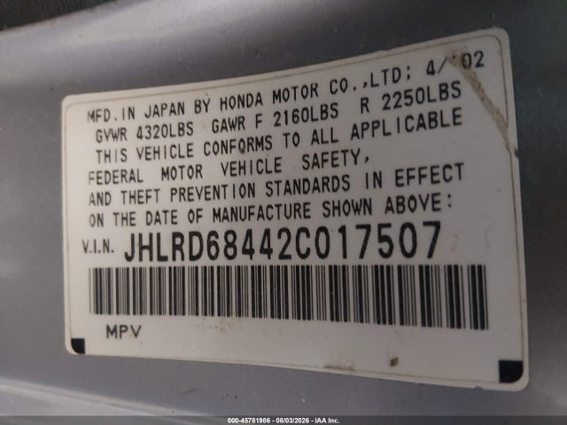 Aukcja sprzedaży 2002 Honda Cr-v Lx, vin: JHLRD68442C017507, numer aukcji: 45781986