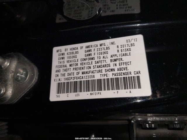 2012 Honda Accord 2.4 Se მანქანა იყიდება აუქციონზე, vin: 1HGCP2F64CA123056, აუქციონის ნომერი: 45781987
