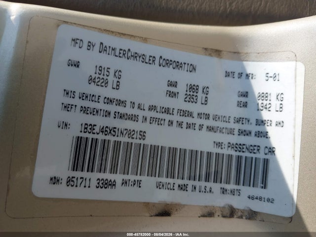 45782000 :رقم المزاد ، 1B3EJ46X51N702156 vin ، 2001 Dodge Stratus Se مزاد بيع