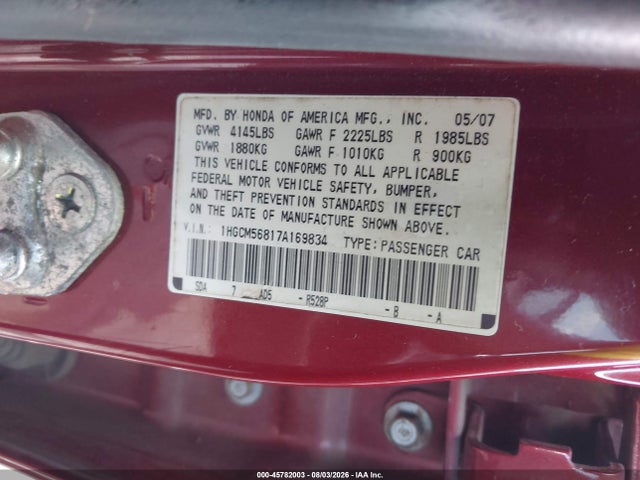 Продаж на аукціоні авто 2007 Honda Accord 2.4 Ex, vin: 1HGCM56817A169834, номер лоту: 45782003