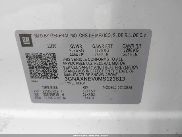 Aukcja sprzedaży 2021 Chevrolet Equinox Fwd Premier, vin: 3GNAXNEV0MS123613, numer aukcji: 45782004