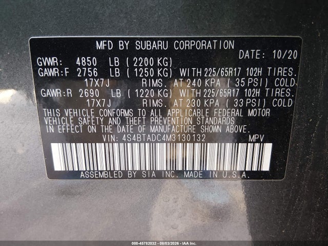 Aukcja sprzedaży 2021 Subaru Outback Premium, vin: 4S4BTADC4M3130132, numer aukcji: 45782032