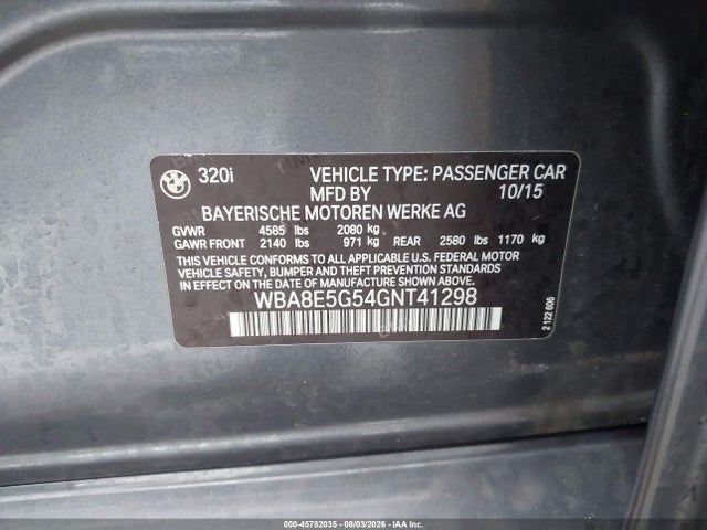 Продаж на аукціоні авто 2016 Bmw 320i Xdrive, vin: WBA8E5G54GNT41298, номер лоту: 45782035