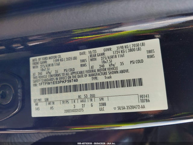 2023 Ford F-150 Lariat მანქანა იყიდება აუქციონზე, vin: 1FTFW1E53PKF59740, აუქციონის ნომერი: 45782038