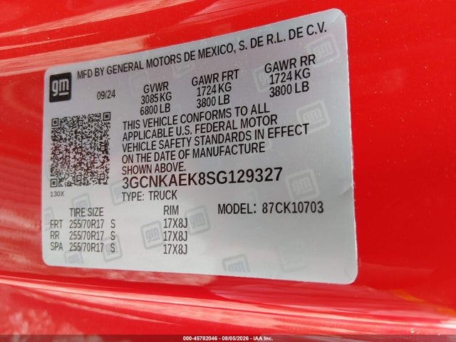 3GCNKAEK8SG129327 Chevrolet Silverado 1500 4wd Standard Bed Wt