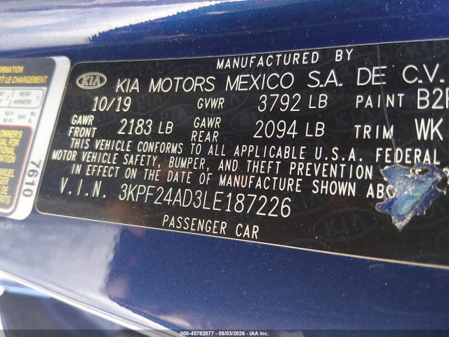 3KPF24AD3LE187226 KIA Forte Lxs