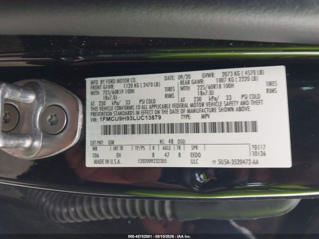 45782081 :رقم المزاد ، 1FMCU9H93LUC13879 vin ، 2020 Ford Escape Sel مزاد بيع