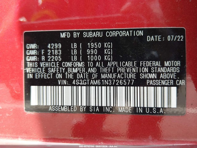 45782104 :رقم المزاد ، 4S3GTAM61N3726577 vin ، 2022 Subaru Impreza Sport 5-door مزاد بيع