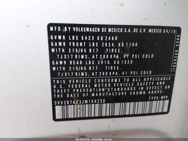 Продаж на аукціоні авто 2018 Volkswagen Tiguan, vin: 3VV2B7AX3JM154239, номер лоту: 45782105