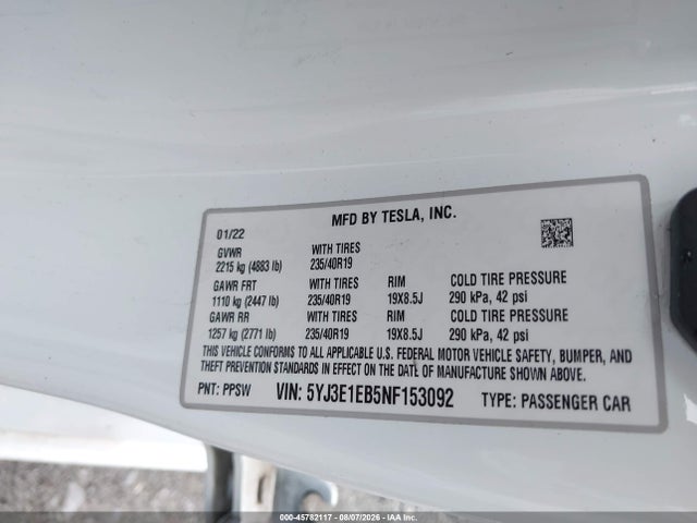 5YJ3E1EB5NF153092 Tesla Model 3 Long Range Dual Motor All-wheel Drive