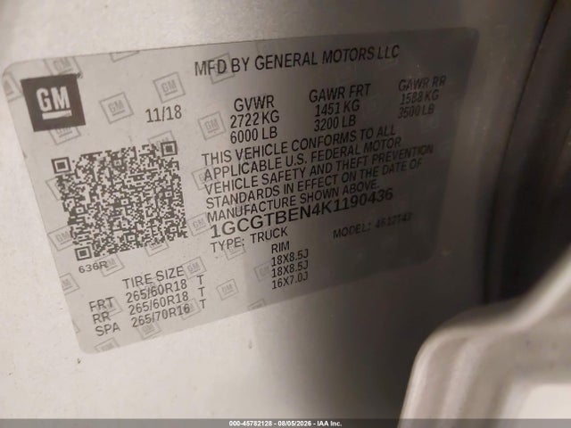 45782128 :رقم المزاد ، 1GCGTBEN4K1190436 vin ، 2019 Chevrolet Colorado Wt مزاد بيع