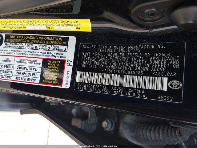Продажа на аукционе авто 2012 Toyota Camry Se, vin: 4T1BF1FK7CU045385, номер лота: 45782143