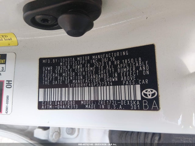 45782148 :رقم المزاد ، 5YFBURHE4GP527914 vin ، 2016 Toyota Corolla S Plus مزاد بيع