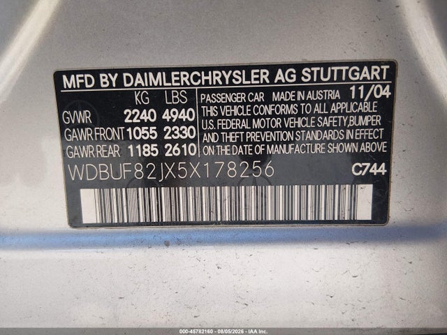 Aukcja sprzedaży 2005 Mercedes-benz E 320 4matic, vin: WDBUF82JX5X178256, numer aukcji: 45782160