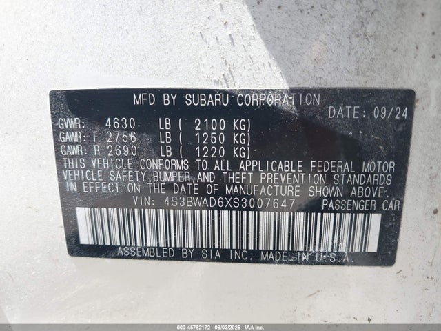 Aukcja sprzedaży 2025 Subaru Legacy Premium, vin: 4S3BWAD6XS3007647, numer aukcji: 45782172