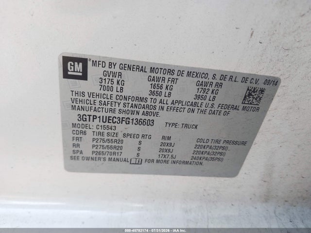 2015 Gmc Sierra 1500 Sle მანქანა იყიდება აუქციონზე, vin: 3GTP1UEC3FG136603, აუქციონის ნომერი: 45782174