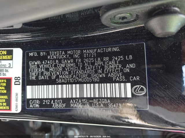 Aukcja sprzedaży 2021 Lexus Es 250, vin: 58AD11D17MU005190, numer aukcji: 45782179