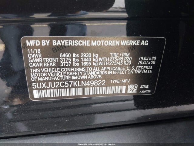 2019 Bmw X5 Xdrive50i მანქანა იყიდება აუქციონზე, vin: 5UXJU2C57KLN49822, აუქციონის ნომერი: 45782180