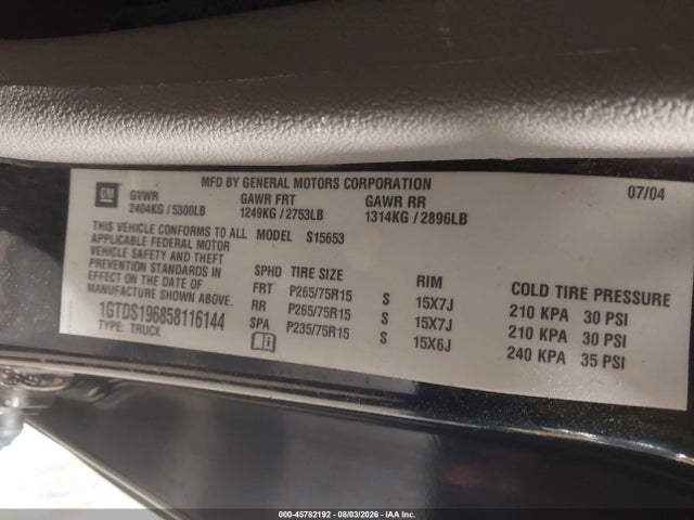 45782192 :رقم المزاد ، 1GTDS196858116144 vin ، 2005 Gmc Canyon Sl مزاد بيع