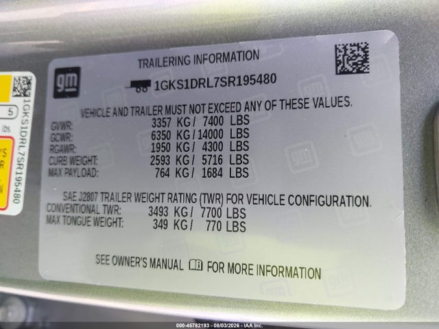 45782193 :رقم المزاد ، 1GKS1DRL7SR195480 vin ، 2025 Gmc Yukon 2wd Denali مزاد بيع