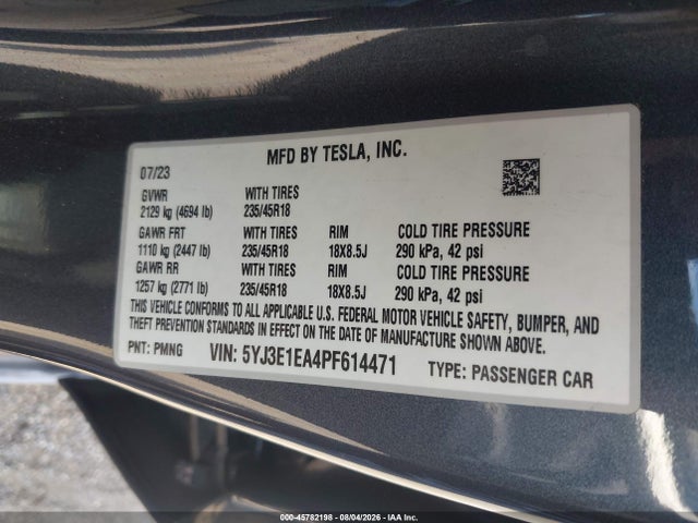 Продаж на аукціоні авто 2023 Tesla Model 3 Rear-wheel Drive, vin: 5YJ3E1EA4PF614471, номер лоту: 45782198