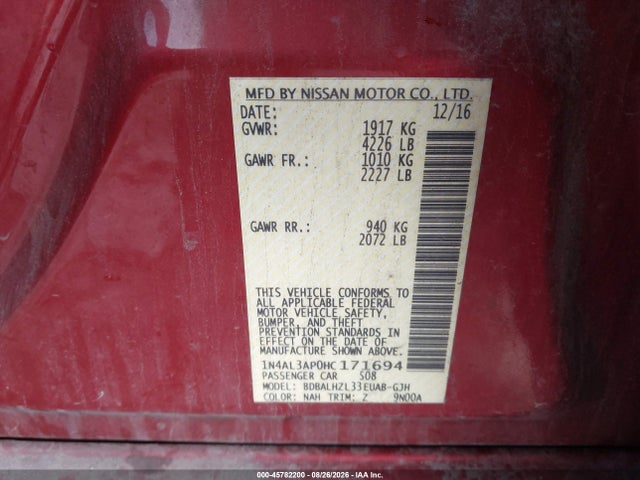 45782200 :رقم المزاد ، 1N4AL3AP0HC171694 vin ، 2017 Nissan Altima 2.5 Sr مزاد بيع