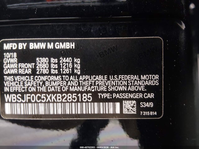Aukcja sprzedaży 2019 Bmw M5 Competition, vin: WBSJF0C5XKB285185, numer aukcji: 45782203