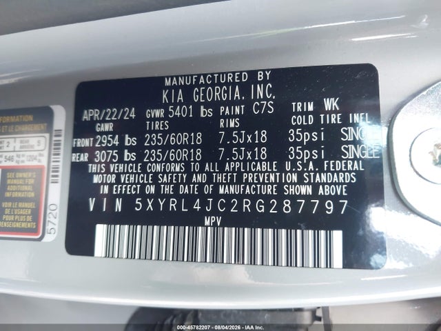 Продаж на аукціоні авто 2024 Kia Sorento S, vin: 5XYRL4JC2RG287797, номер лоту: 45782207