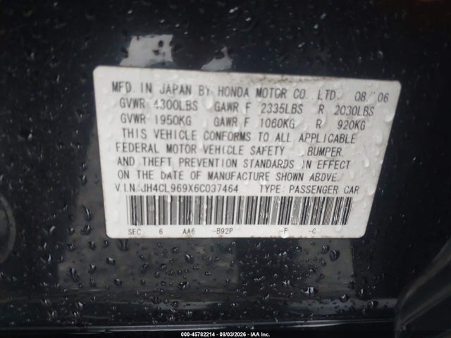 45782214 :رقم المزاد ، JH4CL969X6C037464 vin ، 2006 Acura Tsx مزاد بيع