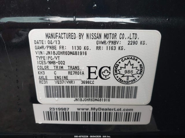2013 Infiniti Ex37 Journey მანქანა იყიდება აუქციონზე, vin: JN1BJ0HR6DM481916, აუქციონის ნომერი: 45782226