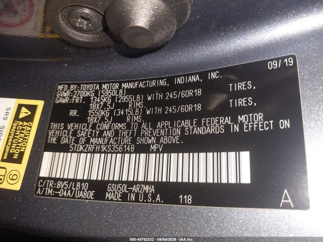 5TDKZRFH1KS356148 Toyota Highlander Xle