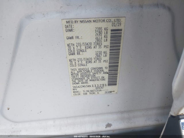 2019 Nissan Murano Platinum მანქანა იყიდება აუქციონზე, vin: 5N1AZ2MS5KN111291, აუქციონის ნომერი: 45782233