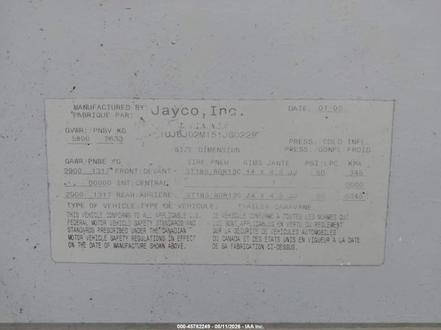 45782249 :رقم المزاد ، 1UJBJ02M151JG0228 vin ، 2005 Jayco Other مزاد بيع