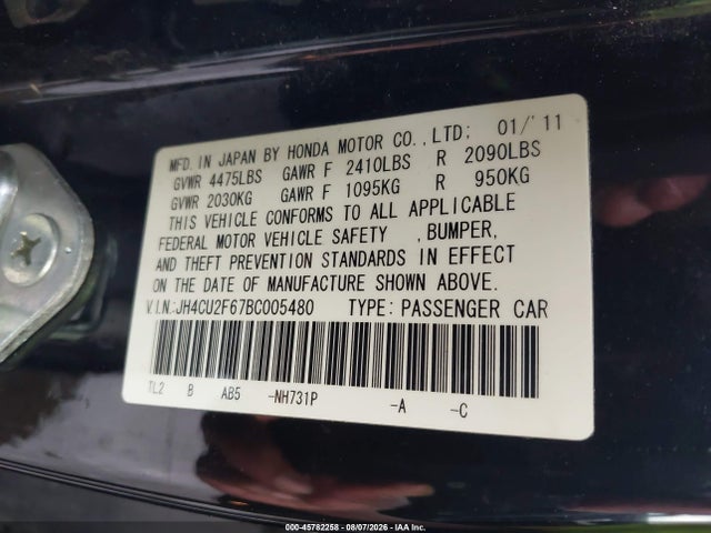 Aukcja sprzedaży 2011 Acura Tsx 2.4, vin: JH4CU2F67BC005480, numer aukcji: 45782258