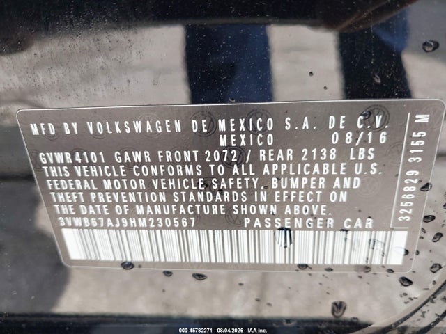 2017 Volkswagen Jetta 1.4t Se მანქანა იყიდება აუქციონზე, vin: 3VWB67AJ9HM230567, აუქციონის ნომერი: 45782271