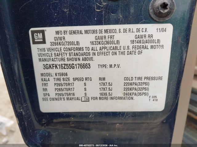 2005 Gmc Yukon Xl 1500 Slt მანქანა იყიდება აუქციონზე, vin: 3GKFK16Z55G176663, აუქციონის ნომერი: 45782273