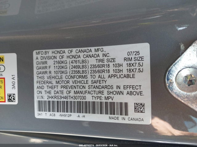 2026 Honda Cr-v Ex 2wd მანქანა იყიდება აუქციონზე, vin: 2HKRS3H46TH307030, აუქციონის ნომერი: 45782274