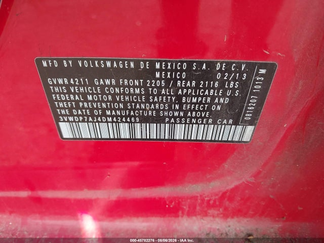 Aukcja sprzedaży 2013 Volkswagen Jetta 2.5l Se, vin: 3VWDP7AJ4DM424469, numer aukcji: 45782276