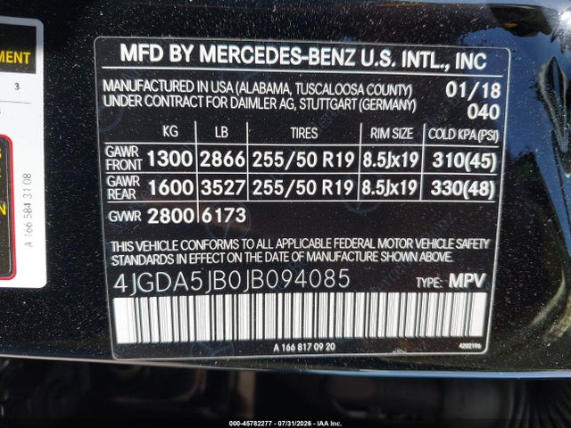 45782277 :رقم المزاد ، 4JGDA5JB0JB094085 vin ، 2018 Mercedes-benz Gle 350 مزاد بيع