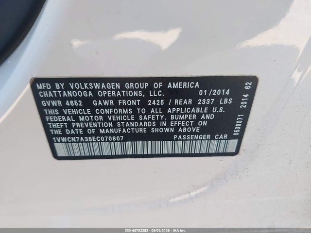 Продажа на аукционе авто 2014 Volkswagen Passat 2.0l Tdi Sel Premium, vin: 1VWCN7A35EC070807, номер лота: 45782282