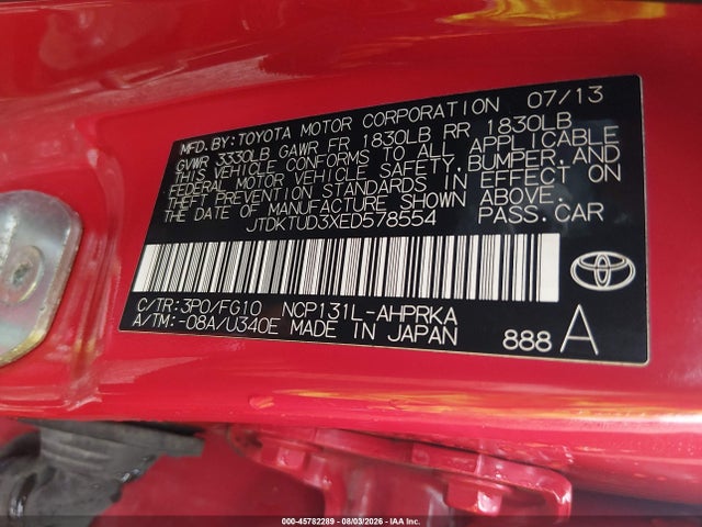 45782289 :رقم المزاد ، JTDKTUD3XED578554 vin ، 2014 Toyota Yaris Le (tmc/cbu Plant) مزاد بيع