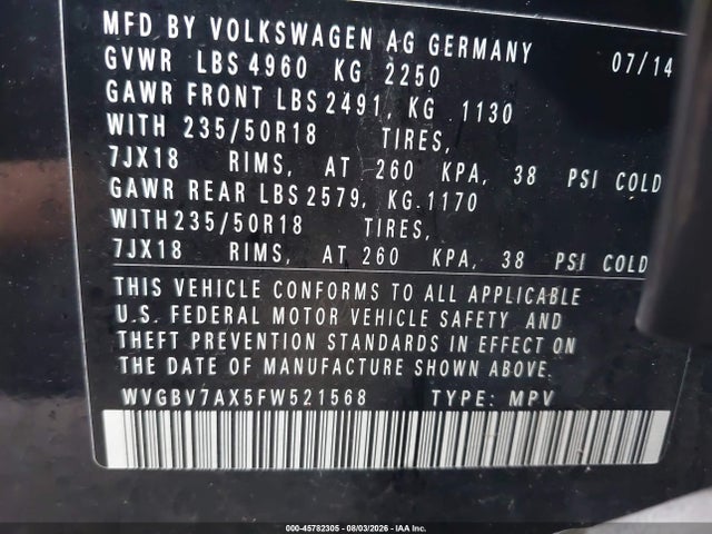 2015 Volkswagen Tiguan Se მანქანა იყიდება აუქციონზე, vin: WVGBV7AX5FW521568, აუქციონის ნომერი: 45782305