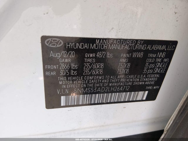 Aukcja sprzedaży 2020 Hyundai Santa Fe Limited, vin: 5NMS53AD2LH264712, numer aukcji: 45782328
