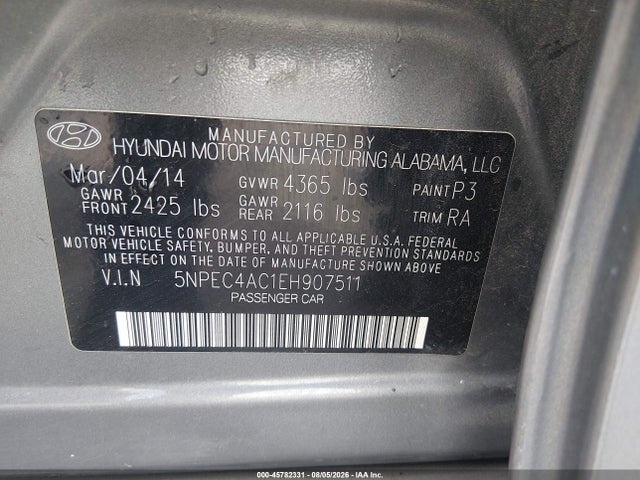 2014 Hyundai Sonata Se მანქანა იყიდება აუქციონზე, vin: 5NPEC4AC1EH907511, აუქციონის ნომერი: 45782331