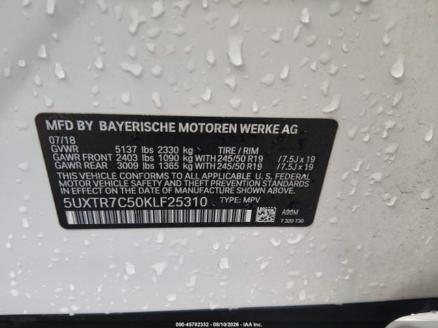 45782332 :رقم المزاد ، 5UXTR7C50KLF25310 vin ، 2019 Bmw X3 Sdrive30i مزاد بيع