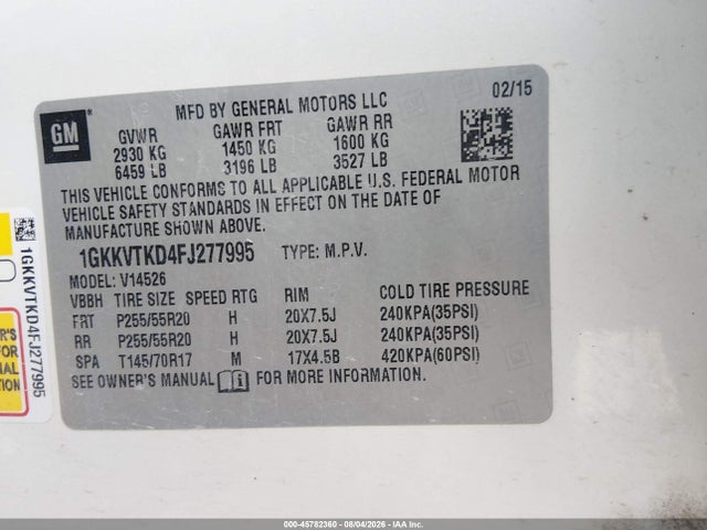 45782360 :رقم المزاد ، 1GKKVTKD4FJ277995 vin ، 2015 Gmc Acadia Denali مزاد بيع