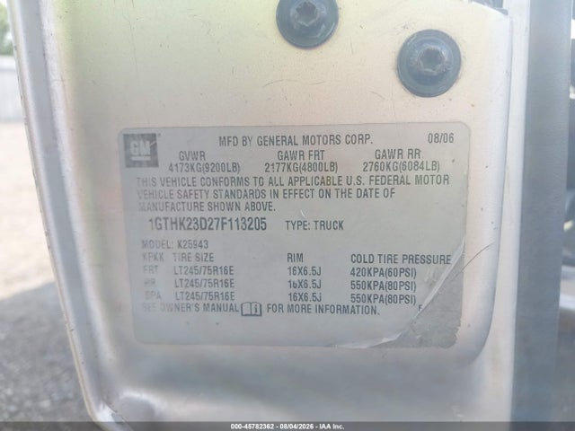 Aukcja sprzedaży 2007 Gmc Sierra 2500hd Classic Slt, vin: 1GTHK23D27F113205, numer aukcji: 45782362