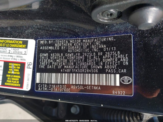 Aukcja sprzedaży 2013 Toyota Camry Le, vin: 4T4BF1FK5DR284506, numer aukcji: 45782379