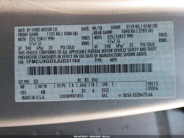 Ford ESCAPE SE 2018 1FMCU9GD3JUD31160 Image 9